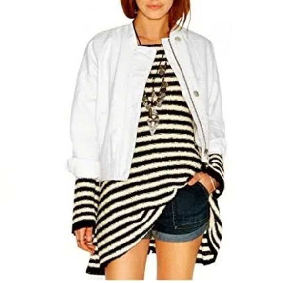 NEW FREE PEOPLE White Cotton Distressed Denim Tennis Jacket - Picture 2 of 6